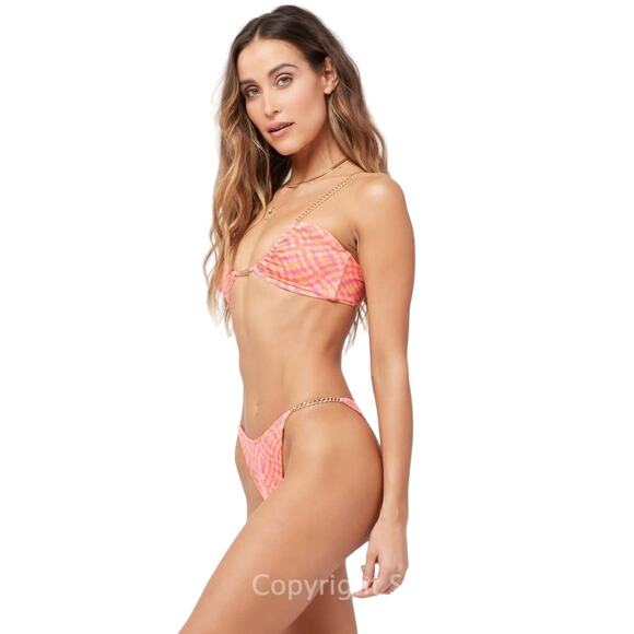 L*SPACE Van Damme Bikini Bottom Bitsy Heat Waves Pink Abstract Chain Strap M NEW - Picture 1 of 7